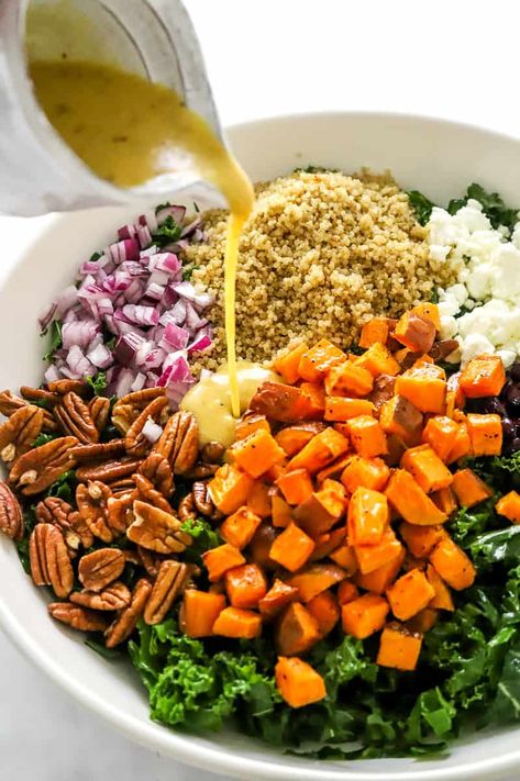 Kale Sweet Potato Beet Salad, Roasted Sweet Potato Chickpea Salad, Roasted Carrot Quinoa Salad, Harvest Salad With Sweet Potato, Fall Salads With Sweet Potato, Quinoa With Cranberries, Fall Salad Recipes Gluten Free, Kale Pecan Salad, Fall Quinoa Salad Sweet Potato