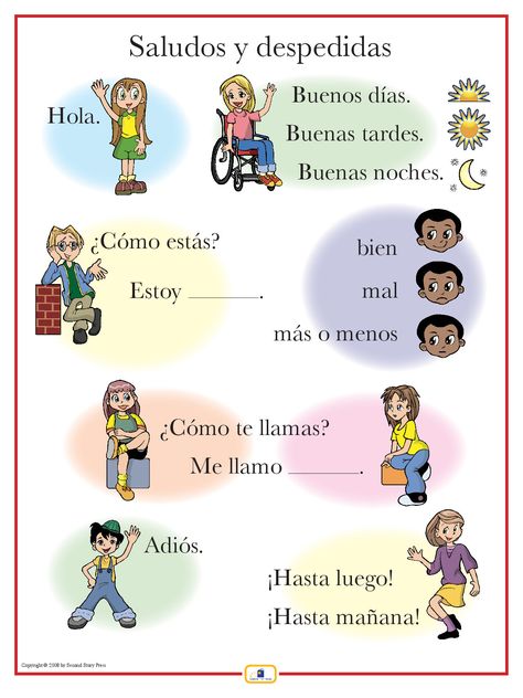 Introduce greetings with this colorful 18 x 24 in. poster that: - includes a free guide with teaching suggestions and practice worksheets - is sent flat (except international orders) Other phrase post Spain Language, Useful Spanish Phrases, Spanish Classroom Activities, Learning Spanish For Kids, Spanish Greetings, Spanish Lessons For Kids, Learn Spanish Online, Learning Spanish Vocabulary, Spanish Lesson Plans