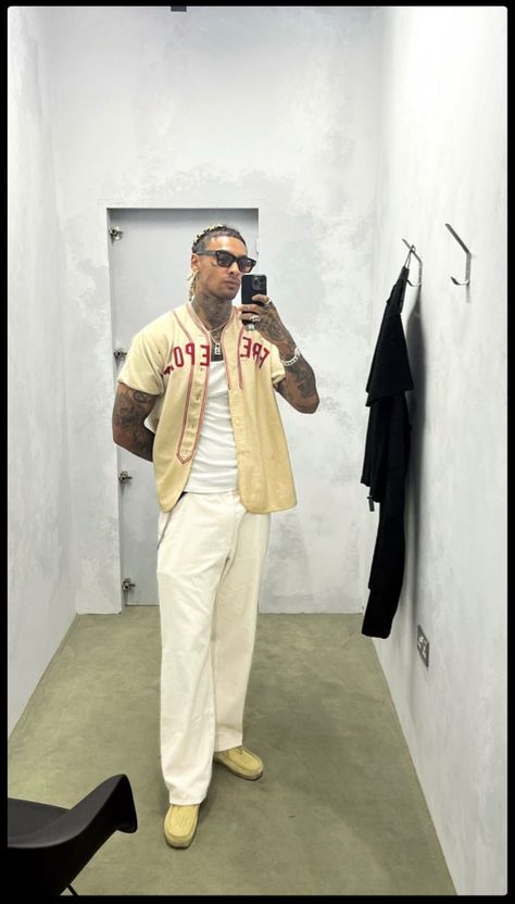 Baseball jersey topped white tank, white corduroy bottom Baseball Button Up Outfit, Men’s Baseball Jersey Outfit, Baseball Fits Men, White Baseball Jersey Outfit, Baseball Outfits Men, White Corduroy Pants Outfit, Baseball Jersey Outfit Men, Jersey Outfit Men, Walking Clothes