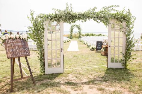 Vintage French Doors, Wedding Ceremony Aisle, Vintage Wedding Ideas, Wedding Processional, Wedding Planner Binder, Ceremony Aisle, Greenery Centerpiece, Low Cost Wedding, Vintage Ideas