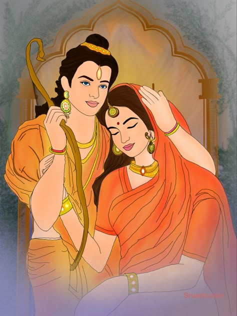 Digital art of sita ram Ram Sita Illustration Art, Sita Ram Paintings, Ram Sita Illustration, Shree Ram And Sita, Sita Ram Drawing, Ram Sita Painting, Ram Sita Rangoli, Ram Sita Drawing, Lord Ram And Sita