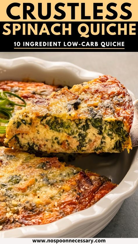 Experience the ultimate convenience and taste with this crustless spinach quiche recipe, where every bite bursts with savory, eggy goodness. This easy-to-make quiche features tender spinach, crispy bacon, and two types of cheeses – without the fuss of a crust. Ideal for both quick meals and elegant brunches, this delightful low-carb egg dish will quickly become a favorite! Spinach Crustless Quiche Recipes, Spinach Quiche Recipes Easy Crustless, Saurcraught Recipes, Bacon Cheddar Crustless Quiche, Quiche Casserole Recipes, Quiche Without Crust, Asparagus Quiche Crustless, Crustless Quiche Recipes Easy, Basic Crustless Quiche Recipe