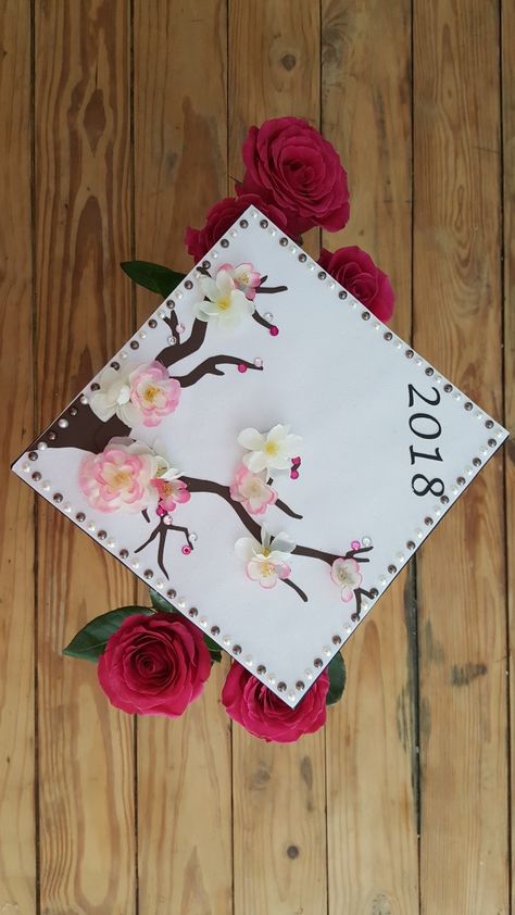 Cherry Blossom Graduation Cap 2018 created by Ash Cherry Blossom Graduation Cap, College Shenanigans, Grad Hats, Caps Ideas, Cherry Blossom Drawing, Floral Graduation Party, Graduation Cap Decoration Diy, Create Board, Graduation Party Invitations Templates