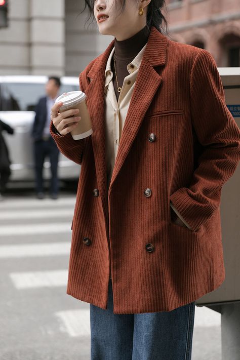 Pre-order status: Ships out in 2-3 weeks. Corduroy blazer jacket in an oversized boxy fit for a rustic vintage look. Double breasted button up closure with side pockets and notched lapels. Lined. XS: 16" across shoulders, 43" chest, 28.5" lengthS: 17" across shoulders, 44.5" chest, 29" lengthM: 18" across shoulders, 46" chest, 29.5" lengthL: 19" across shoulders, 47.5" chest, 30" length Oversized Blazers, Fashion Fails, Womens Jackets Casual, Fashion Statements, Corduroy Blazer, Cotton Blazer, Breasted Blazer, Blazer Outfits, Oversized Blazer