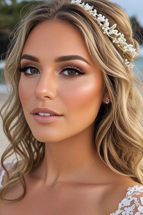 31. Beachside Glow Bridal Look This bridal look is perfect for a sun-kissed, beachside wedding. The makeup emphasizes a glowing, radiant complexion with warm bronzy tones that highlight the bride's natural beauty. Bride Makeup Contour, Soft Glam Makeup For Bride, Beach Bride Makeup Blue Eyes, Makeup Ideas Natural Wedding Guest, Brides Wedding Makeup, Almond Eye Wedding Makeup, Bridal Makeup For Auburn Hair, Tan Bride Makeup, Stunning Bridal Makeup