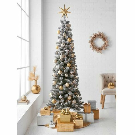 Living Room Ideas Christmas, Pencil Trees Decorating Ideas, Room Ideas Christmas, Purple Christmas Tree Decorations, Christmas Tree Flocked, Christmas Living Room Ideas, Alberta Spruce, Christmas Chandelier, Target Decor