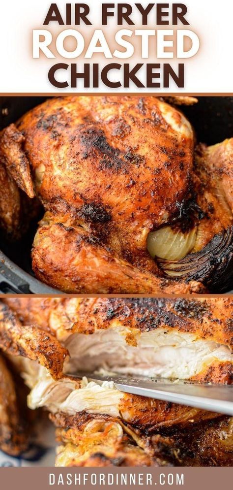 This Air Fryer Whole Chicken recipe is a rotisserie style whole chicken that can be made easily in your air fryer! All you need is a few ingredients to make a delicious seasoning rub, an air fryer, and about an hour. After that, you'll have a rotisserie style air fryer whole chicken that is perfect for a main dish or even for meal prep! You'll never want to buy these from the store every again! This easy air fryer chicken recipe will become a regular occurrence in your home, just watch! Fryer Chicken Recipes Whole In Oven, Roasted Chicken Whole Air Fryer, Airfry Whole Chicken Recipes, Air Fryer Half Chicken Recipes, Whole Fryer Chicken Recipes, Roasted Chicken Air Fryer Recipes, Whole Chicken Rotisserie Recipes, Full Chicken In Air Fryer, Whole Chicken Air Fryer Recipes