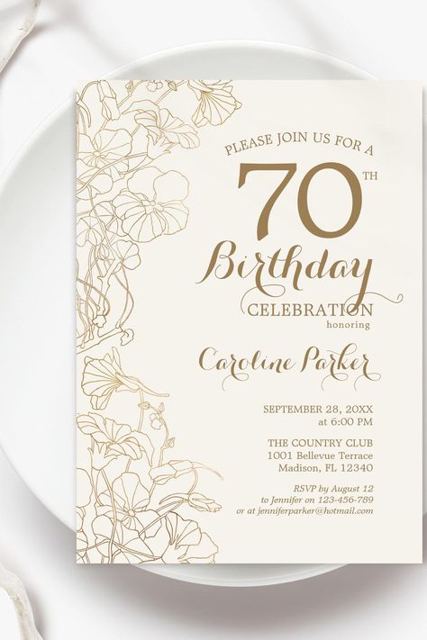 Ivory Gold Floral 70th Birthday Party Invitation Floral 70th Birthday Party, 70 Birthday Invitation Ideas, 70th Birthday Invitations Woman, 70th Birthday Surprise Invitations, Birthday Invitation 70 Years, 90th Birthday Party, 70th Birthday Party, 60th Birthday Party Invitations, Floral Birthday Invitations