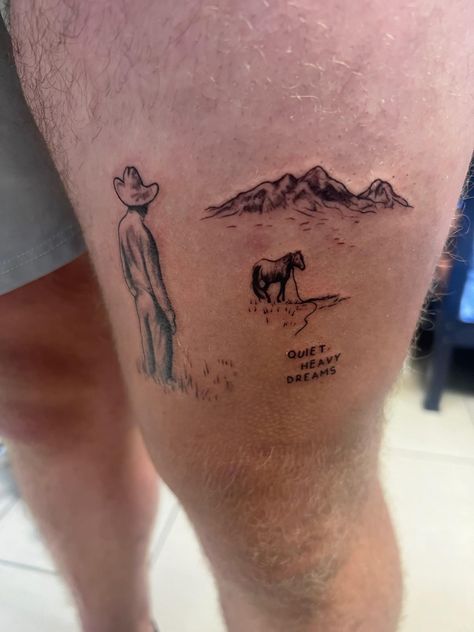 John Wayne Tattoo Ideas, Lane Frost Tattoo, Zack Bryan Tattoo Ideas, Western Leg Tattoos, Zach Bryan Tattoo, Nerd Tattoos, Song Tattoos, Nerd Tattoo, Fairy Tattoo