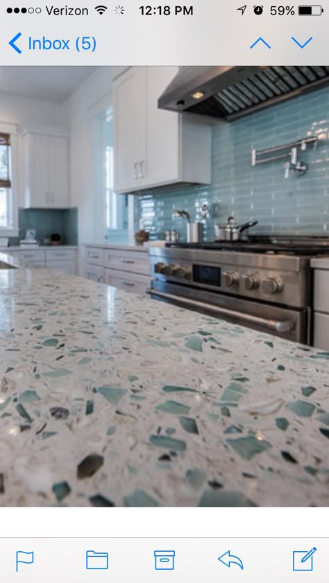 Sea Glass Countertop Kitchens, Beach House Countertops, Beach Style Kitchen Coastal, Small Beach House Kitchen Remodel, Beach Kitchens Coastal, Cortz Counter Tops Kitchen, Seaglass Countertops, Seaglass Backsplash Kitchen, Pebble Countertop