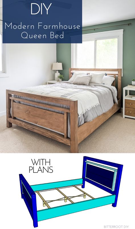 Queen Bed Diy Plans, Diy King Bed Frame Plans, Bed Blueprints, Diy Queen Bed, Modern Farmhouse Bed, Diy Bed Frame Plans, King Size Bed Frame Diy, Queen Bed Frame Diy, Diy Modern Farmhouse