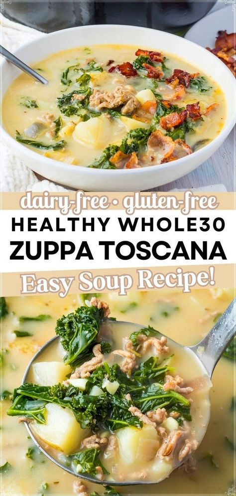 Whip up this simple yet flavorful Dairy Free Zuppa Toscana Soup that’s both paleo and Whole30 friendly. It’s made with healthful ingredients like sausage, bacon, potatoes, and kale, and substitutes dairy with coconut milk for a rich, creamy base. This easy recipe ensures a delicious meal without much fuss, perfect for a quick dinner. Healthy Zuppa Toscana, Traditional Risotto, Egg Breakfasts, Dairy Free Soup Recipe, Mushroom Barley, Soup Paleo, Barley Risotto, Zuppa Toscana Soup, Toscana Soup