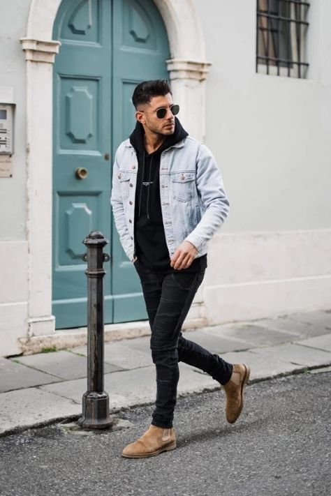 Chelsea boots outfits men Suede Chelsea Boots Men Outfit, Brown Chelsea Boots Outfit, Chelsea Boots With Jeans, Trendy Mens Jeans, Chelsea Boots Outfits, Beige Chelsea Boots, Chelsea Boots Men Outfit, Jean Jacket Hoodie, Chelsea Boots Outfit