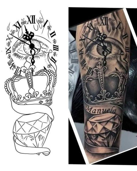 Men’s Black And Grey Tattoos, Arm Tattoo Men Stencil, Black And Gray Tattoo Design For Men, Clock Tattoo Stencil, Black And Gray Tattoo Design, Tattoo Stencils Outline Design, Black Gray Tattoo, Half Sleeve Tattoo Stencils, Black And Gray Tattoo