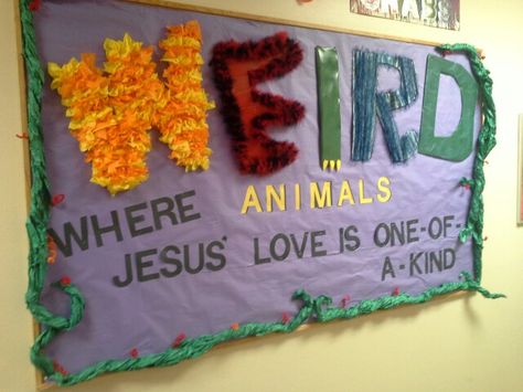 Weird Animals VBS bulletin board GBUMC Soundside Campus. Animals Bulletin Board, Bible Themes, Weird Animals Vbs, Animals Crafts, Bible Camp, Children Ministry, Vbs 2023, Homemade Signs, Fun Factory