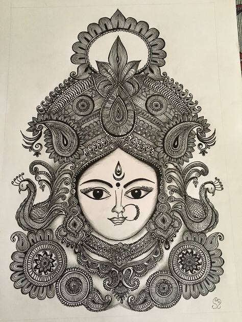 Mandela Art Durga Maa, Dusshera Mandala Art, Ammavaru Drawing, Durga Maa Drawing Pencil, Ma Durga Mandala Art, Durga Devi Drawing, Pencil Drawing Images, Abstract Pencil Drawings, Durga Devi