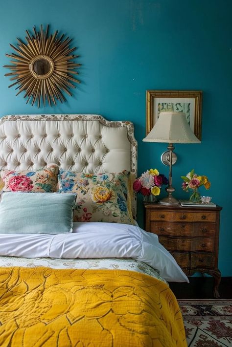 25 Refreshing Blue and Yellow Bedroom Ideas You’ll Love British Style Bedroom, Blue And Yellow Bedroom Ideas, Colorful Bedroom Ideas For Adults, Blue And Yellow Bedroom, Yellow Nightstand, Blue Yellow Bedrooms, Yellow Stripes Wallpaper, Yellow Rooms, Striped Accent Walls