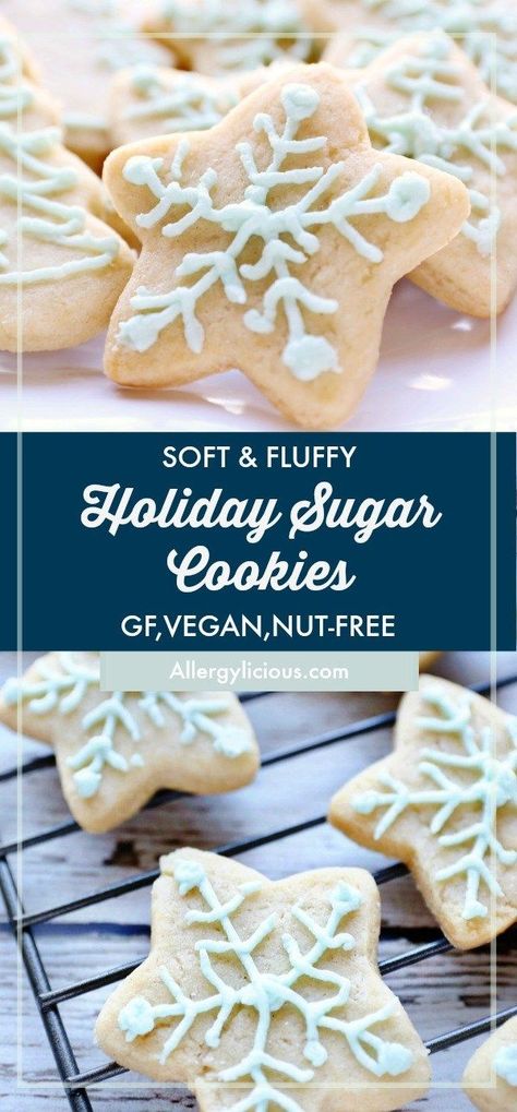 Soft & fluffy Sugar Cookies cut-outs for all your Holiday baking. Vegan & Gluten-free Fluffy Sugar Cookies, Baking Vegan, Vegan Christmas Cookies, Vegan Sugar Cookies, Holiday Sugar Cookies, Gluten Free Sugar Cookies, Vegan Christmas Recipes, Vegan Cookies Recipes, Gluten Free Christmas