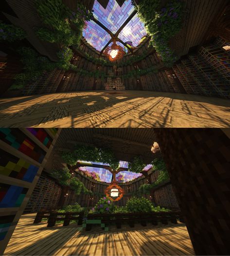 Library Mc Ideas, Minecraft Library Ideas Aesthetic, Underground Minecraft Library, Huge Underground Base Minecraft, Overgrown Library Minecraft, Cottage Core Storage Room Minecraft, Overgrown Aesthetic Minecraft, Minecraft Skylight, Minecraft Giant Library