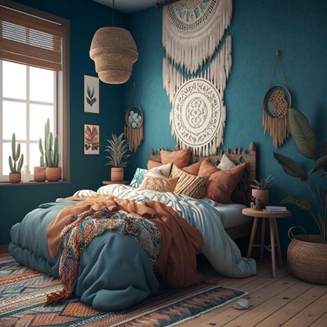 Turquoise Bedroom Aesthetic, Bedroom Colour Ideas For Couples, Boho Bedroom Teal, Teal Aesthetic Bedroom, Teal And Brown Bedroom, Teal And Copper Bedroom, Bedroom Inspirations Teal, Teal Boho Bedroom, Teal Blue Bedroom