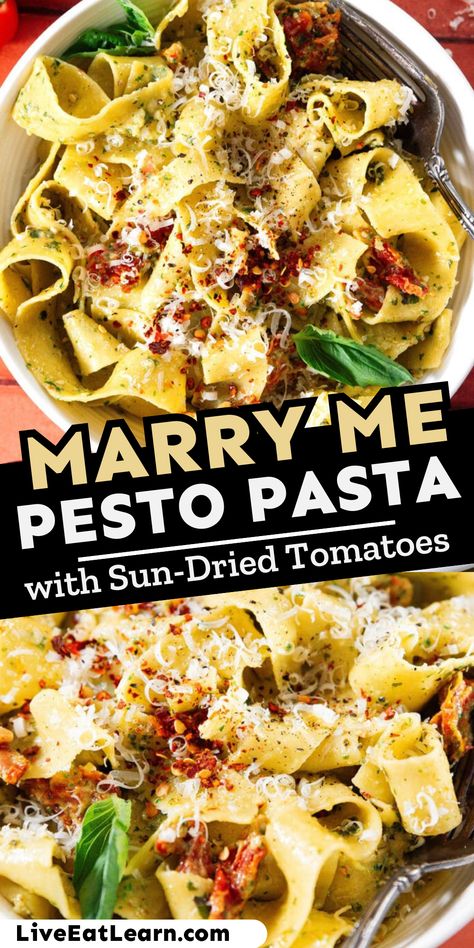 Made with our fan-favorite Marry Me sauce, this Marry Me Pesto Pasta is the ultimate quick and cozy dinner recipe! The creamy, flavorful sauce comes together in just 15 minutes—perfectly timed with your pasta cooking. Join the Marry Me movement that started with my chickpeas on social media, and fall in love with this easy, delicious pesto pasta version! Pesto And Sundried Tomato Pasta, Pasta With Sun Dried Tomatoes Recipes, Pesto Sundried Tomato Pasta, Mediterranean Pasta Recipes, Easy Cozy Dinner, Sundried Tomato Pesto Pasta, Tuscan Sauce, Pesto Pasta Dishes, Tuscan Pasta