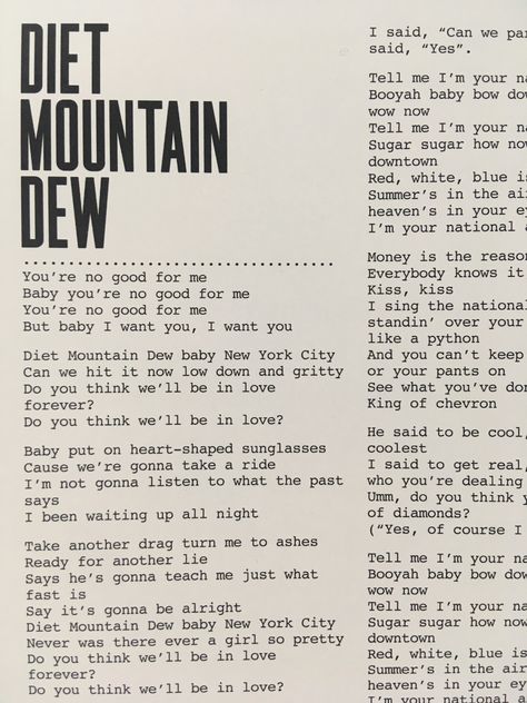 Diet Mt Dew Lana Del Rey, Diet Mountain Dew Lyrics, Lana Del Rey Newspaper, Lana Del Rey Lyrics Poster, Lana Del Rey Lyrics Aesthetic Wallpaper, Diet Mountain Dew Lana Del Rey, Free Song Lyrics, Diet Mountain Dew, Text Pranks