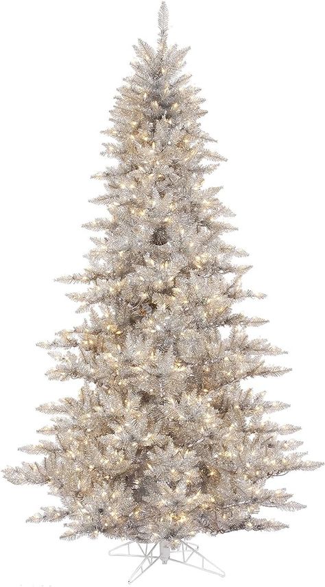 Vickerman 6.5' Silver Tinsel Fir Artificial Christmas Tree, Warm White Dura-lit LED Lights - Faux Silver Christmas Tree - Seasonal Indoor Home Decor Home Decor Trees, Silver Tinsel Christmas Tree, Lux Christmas, Winter Wonderland Christmas Tree, Wonderland Christmas Tree, Silver Tinsel Tree, Unlit Christmas Trees, White Tinsel, Slim Artificial Christmas Trees