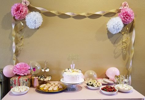 Simple yet elegant looking,  did my daughter's Birthday table setup pink, gold n white... Birthday Table Setup Simple, Birthday Table Setup, Daughter's Birthday, Simple Birthday, Gold N, Birthday Table, Table Setup, Birthday Decor, Daughter Birthday