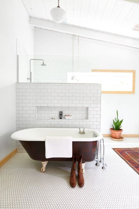 Step Inside a Sleek, Scandinavian-Inspired Vacation Home in Broken Bow - D Magazine Blue Hexagon Tile Bathroom, Tudor Renovation, Stainless Steel Kitchen Counters, Blue Hexagon Tile, Hexagon Tile Bathroom Floor, Blue Floor Tile, Blue Tile Floor, Hexagon Tile Bathroom, Dark Blue Tile