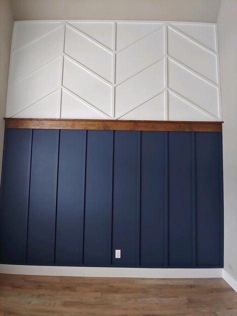 Navy Wainscoting Hallway, Trendy Accent Walls, Wanescotting Accent Wall, Herringbone Board And Batten Wall, Den Accent Wall, Behind The Bed Accent Wall, Shiplap With Wainscoting, Wainscoting Bedroom Master Feature Walls Ideas, How To Board And Batten Wall