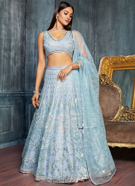 Sky Blue Lehenga, Lengha Design, Chiffon Lehenga, Plus Size Lehenga, Lehenga Choli Latest, Net Lehenga Choli, Lehenga Choli Designs, Bridesmaid Lehenga, Butterfly Net