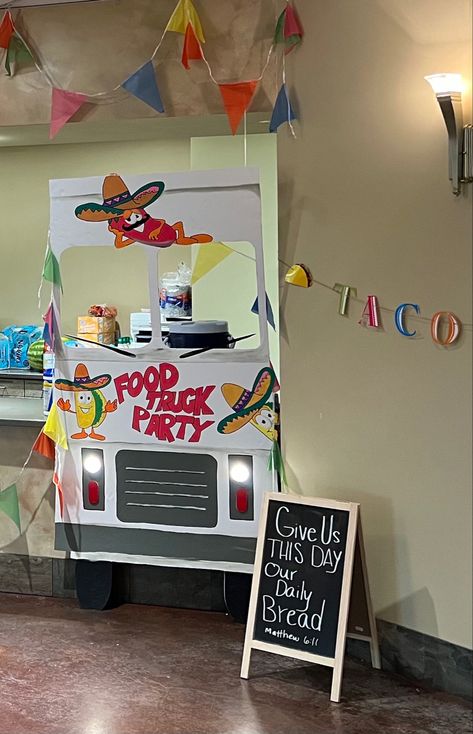 Food Truck Theme Ideas, Food Truck Bulletin Board Ideas, Vacation Bible School Food Ideas, Food Truck Theme Party, Taco Truck Trunk Or Treat, Food Truck Party Vbs Decorations, Food Truck Vbs Decorations, Taco Truck Party, Food Truck Decoration Ideas