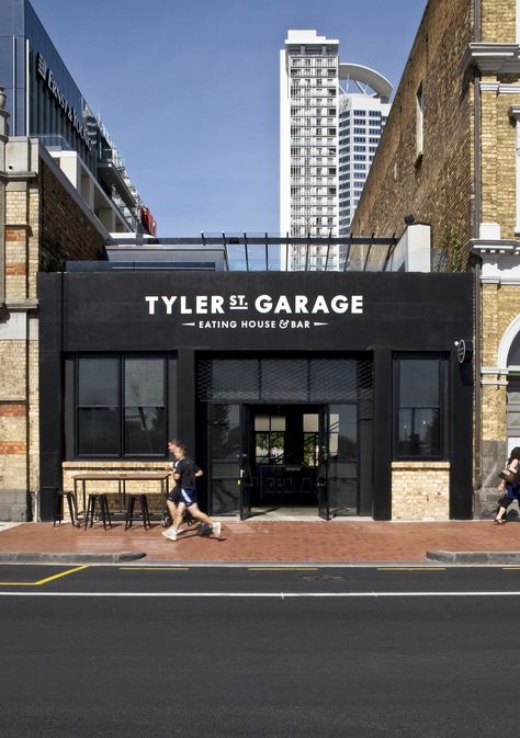 Tyler Street Garage - Exterior Kirsty Mitchell, Storefront Signage, Restaurant Bar Design, Black Building, Bar Design Awards, Storefront Design, Filled Donuts, Restaurant Marketing, Auckland Nz