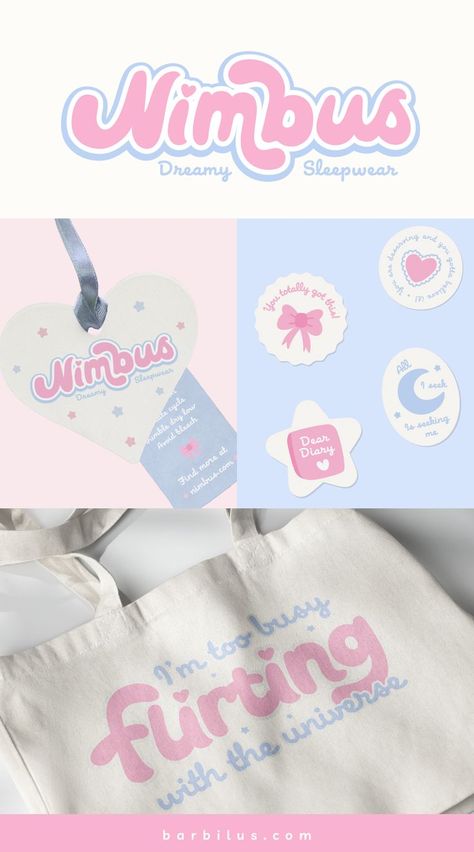 A dreamy brand identity for a girls clothing business This branding project includes the custom logo suite (main logo, secondary logo, brandmark), color palette, brand pattern, custom stickers, clothing tag design, packaging, social media design, and more created for Nimbus! The typography was fully customized and we used baby blue and cream. Contact www.barbilus.com Packaging Social Media Design, Clothing Tag Design, Color Palette Brand, Custom Hard Hats, Custom Wall Stickers, Logo Suite, Secondary Logo, Brand Pattern, Clothing Brand Logos