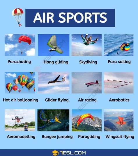 Air Sports Sports List, Geography Knowledge, Vocabulary Meaning, Sport English, List Of Sports, Basic English Grammar Book, English Grammar For Kids, Air Sport, Grammar For Kids