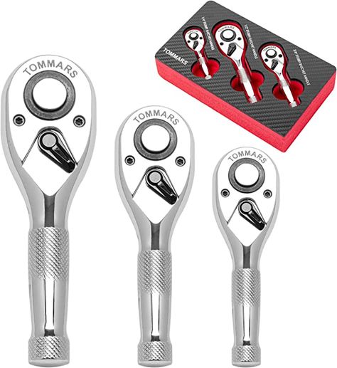 TOMMARS Stubby Ratchet Set, 1/4", 3/8", 1/2" Drive Ratchet Handle Wrench 72-Tooth Quick-Release Reversible Basic Electrical Wiring, Hand Percussion, Socket Wrench, Must Have Tools, Socket Wrenches, Wrench Set, Creative Hobbies, Bike Design, Electrical Wiring