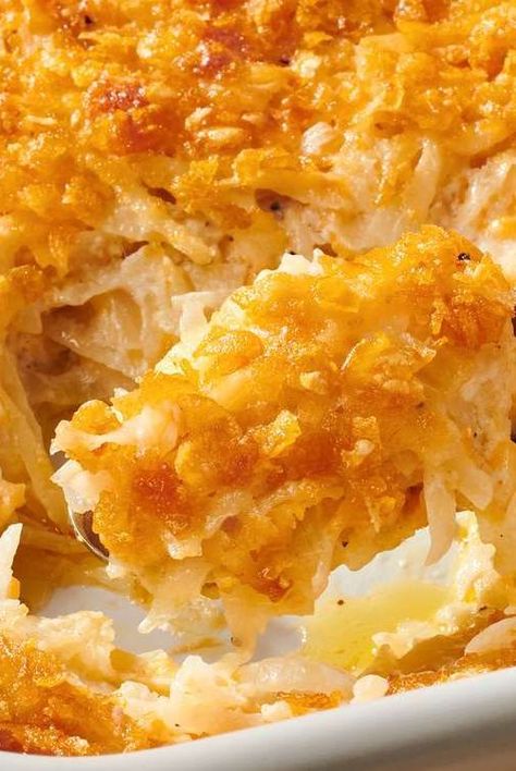 This hash brown casserole is quick and easy comfort food made with oven-baked cheesy potatoes in cream of chicken with a crunchy cornflake topping. Cheesy Hashbrowns With Cornflakes, Corn Flake Hashbrown Casserole, Hashbrown Cheese Potatoes, Taste Of Home Hashbrown Casserole, Potato Casserole Recipes Hash Brown, Hash Brown Casserole With Corn Flakes, Hashbrown Casserole Cream Of Mushroom, Breakfast Potatoes Cheesy, Hashbrown Casserole No Cream Soup