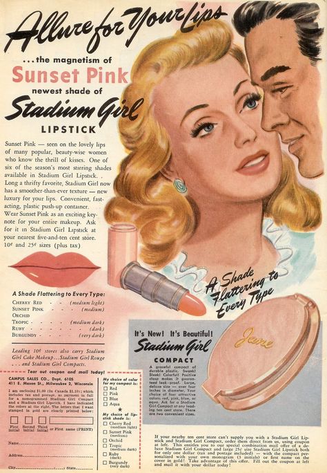 Vintage Beauty Ads, 1950’s Aesthetic, Vintage Cosmetics Ads, Vintage Make Up Ads, 60s Makeup Ads, 1950s Makeup Advertisements, 1950s Girl, Lipstick Ad, 50s Aesthetic