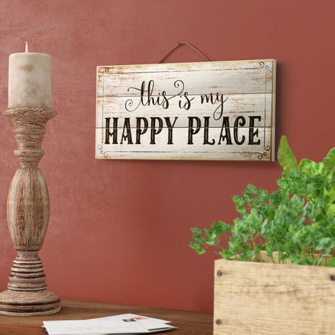 Winston Porter This Is My Happy Place Horizontal Pallet Wood Sign Wall Décor & Reviews | Wayfair Welcome To My Happy Place Signs, Rustic Signs And Sayings, Small Wood Signs Sayings, My Happy Place Sign, House Signage, Pallet Board Signs, Signs For The Home, Wood Decor Signs, Wood Signs Sayings