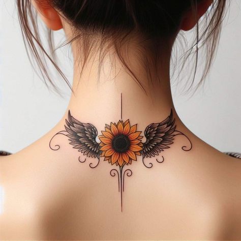 Sunflower Tattoo On Neck, Sunflower Tatoos Woman, Tattoo Ideas Female Wrist Unique, Dandelion Tattoos For Women, Sunflower Neck Tattoo, Coverup Tattoo Ideas For Women, Time Tattoo Ideas, Girly Hand Tattoos, Pretty Flower Tattoos