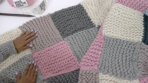 Knitting Start, Knit Afghan Patterns Free, Knitting Patchwork, Knitted Throw Patterns, Knitted Squares Pattern, Chunky Knit Blanket Pattern, Knit Afghan Patterns, Blanket Patchwork, Chunky Crochet Blanket Pattern