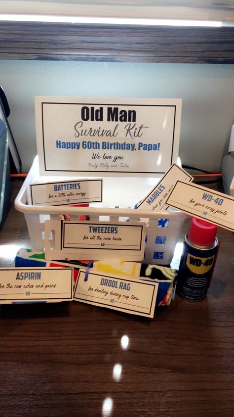 Old Man Survival Kit WD40, Tweezers, drool bib, marbles, aspirin, batteries 50th Birthday Survival Kit For Him, Gag Gifts 50th Birthday, 60th Gifts For Men, 50 Survival Kit Birthdays, 60 Survival Kit, Old Man Survival Kit, 40th Birthday Survival Kit Men, 60th Survival Kit, 65 Birthday Gift Ideas For Men