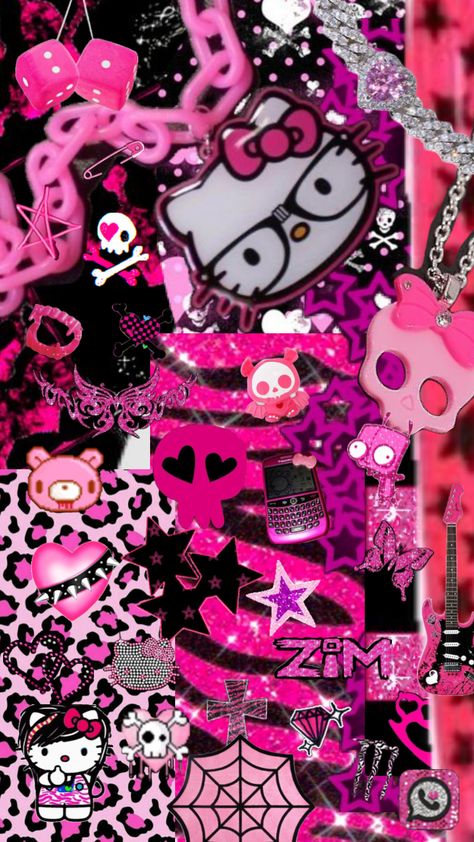 day 1 of making scene wallpapers for every colour!! pink #scene #pink #2000s #myspaceaddict Scene Y2k Wallpaper, Pink Scenecore Wallpaper, Scene Hello Kitty Wallpaper, Hello Kitty Scene Wallpaper, Scene Wallpaper Pink, Goth Pink Wallpaper, Scenecore Aesthetic Wallpaper, Pink Junk Wallpaper, Scene Kid Background