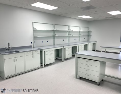 Pictured is a lab design we completed for client Revochem, a geochemical company. #papryuswhite #labcasework #workbenches #labtables #mobilecabinets #labfurniture #labdesign #custom #bio #chemical #laboratory #geochemical Lab Tables Design, Lab Room Design, Lab Design Interior, Science Lab Design, Laboratory Idea, Lab Table, Chemical Laboratory, Microbiology Lab, Laboratory Design