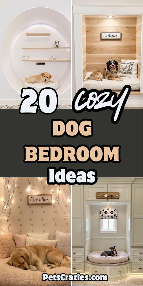 Pinterest pin showcasing four unique dog bedroom designs arranged in a vertical collage. Text reads "20 Cozy Dog Bedroom Ideas" in bold typography with "PetsCrazies.com" at bottom. Featured designs include a modern circular moon portal with floating shelves, a farmhouse-style wood-paneled nook, a fairy light canopy bed with paw print wallpaper, and a luxury built-in suite with storage cabinets. Dog Bed Unit, Yorkie Room Ideas, Cozy Cave Dog Bed Diy, Small Dog Space Ideas, Doggie Corner Ideas In Living Room, Dog In Apartment Ideas, Pet Bedroom Ideas Dogs, Pet Furniture Design, Bedroom For Dogs