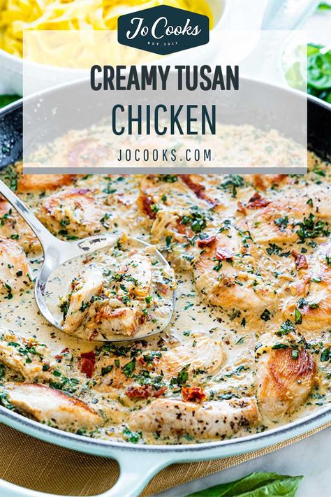 Tuscany Chicken Recipe, Creamy Tuscan Chicken Recipe, Tuscan Chicken Recipe, Creamy Tuscan Chicken, Jo Cooks, Tuscan Chicken, Main Courses, Italian Dishes, Chicken Dinner Recipes