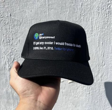 Cap with Kanye West as Ye’s tweets printed on cap Kanye Tweets, Ball Cap Outfit, Cap Outfit, Custom Caps, Clothing Pieces, Fashion Styling, Ball Cap, Kanye West, Style Inspiration