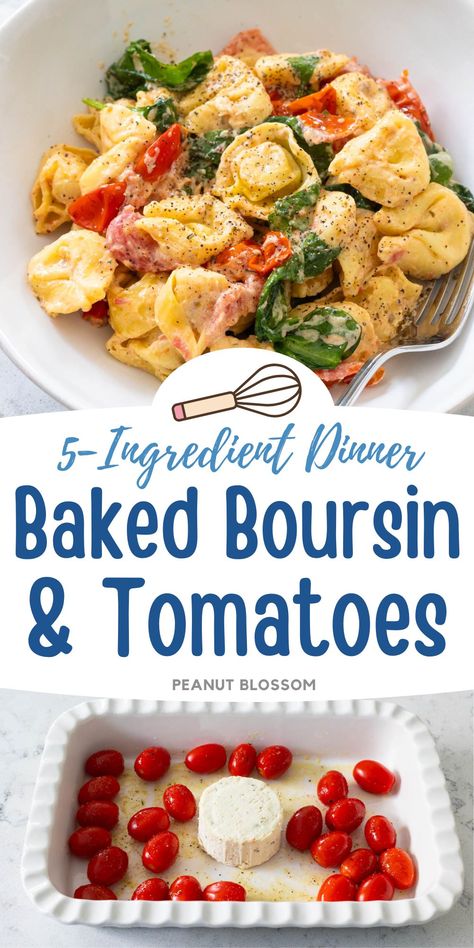 Toss cherry tomatoes and a Boursin cheese round into a dish and bake it in the oven to make a simple pasta sauce for tortellini or other short pasta shape like penne or farfalle. A handful of baby spinach adds color and more veggies for a dinner you'll love to make on a busy weeknight. Cheese And Tomato Bake, Tortellini Bake With Boursin & Tomato, Tortellini With Cherry Tomatoes, Boursin Cheese Pasta Tortellini, Healthy Baked Tortellini, Cherry Tomato Pasta Boursin, Dishes With Cheese Tortellini, Cherry Tomato And Boursin Cheese, Dinner Cherry Tomatoes