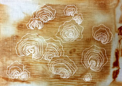 Puff binder printed onto rust dyed muslin Textiles Gcse, College Project, Rust Dye, Bleak House, College Projects, Printing Fabric, Sewing Art, Art Textile, Natural Texture