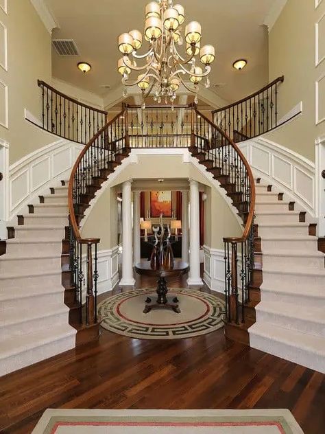 19 Excellent Ideas For Decorating Entrance Staircase With Luxury Touch Stairs When You Walk In Front Door, Big Staircase Grand Entrance, 2 Way Staircase, Double Staircase Entrance, Twin Staircase, Double Staircase Foyer, Grand Staircase Entrance, Double Stairs, Staircases Ideas